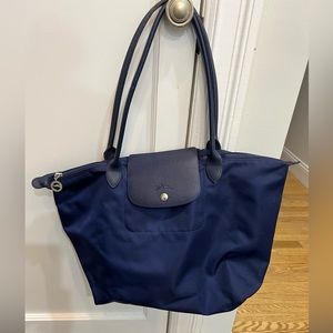 Navy Longchamp Tote with long navy handles. Size small